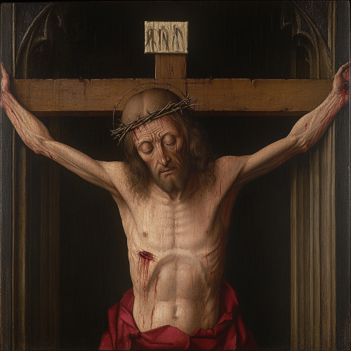 A painting of Jesus with extra arms on cross