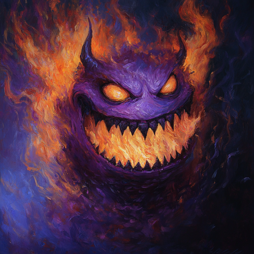 A painting of a smiling fiery purple demon