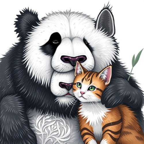 A panda and cat are cuddling together peacefully.