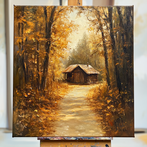 A peaceful autumn forest path with cozy cabin