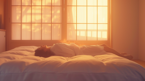 A peaceful bedroom with a sleeping Japanese woman.