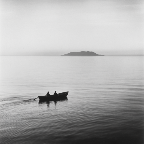 Black and white photograph of two people rowing a boat
