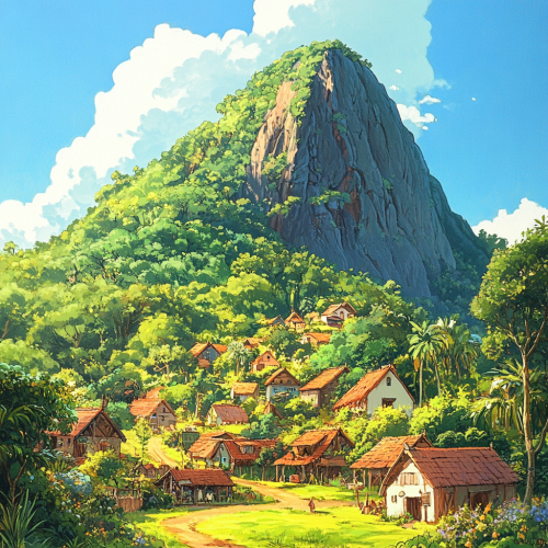 A peaceful village at the foot of a mountain