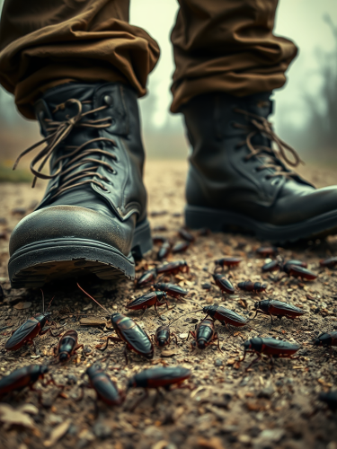 A person in war shoes crushes cockroaches