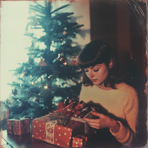 A person opening gifts at Christmas in 80s
