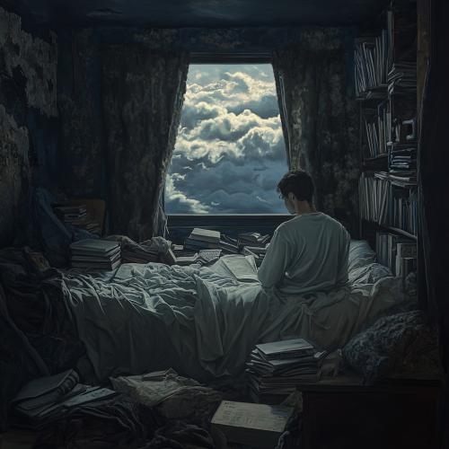 A person sits on messy bed under dim light