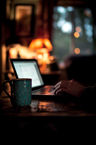 A person typing on laptop at home.