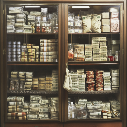 A pharmacy cabinet filled with money and medicine A pharmacy cabinet filled with money and medicine