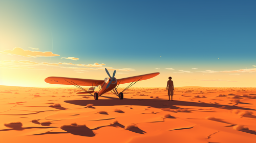 A pilot in desert with broken airplane.