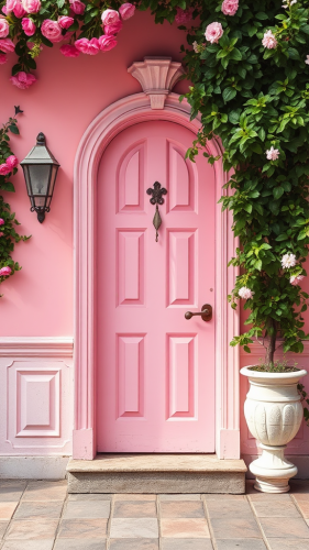 A pink fantasy door in a magical world.