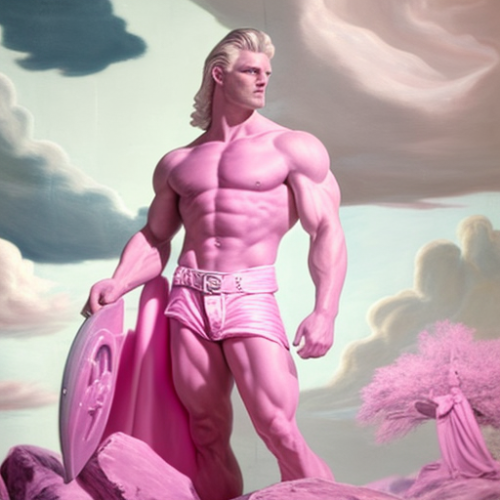 A pink leather-clad God Thor in surreal landscape.