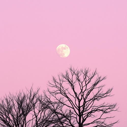 A pink moon shines in the dark night.