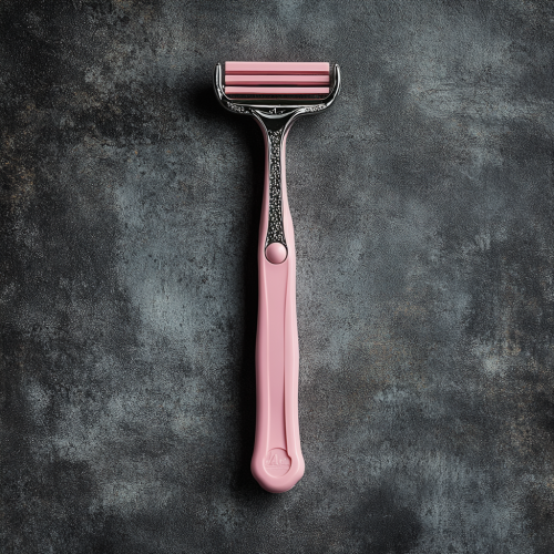 A pink razor on grey background with soft lighting.