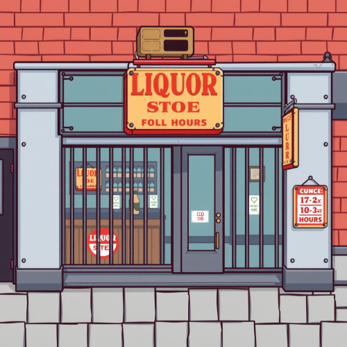 A pixel art liquor store with bars.