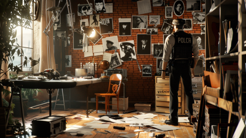 A police officer investigates a crime scene