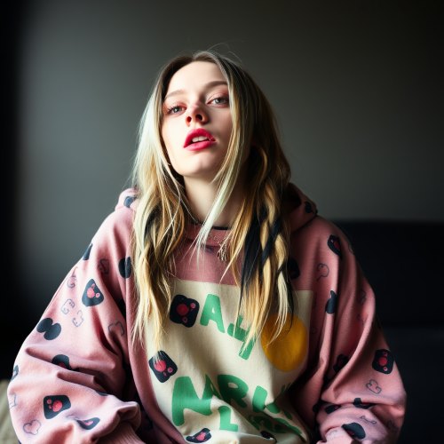 A portrait of Billie Eilish with green hair.