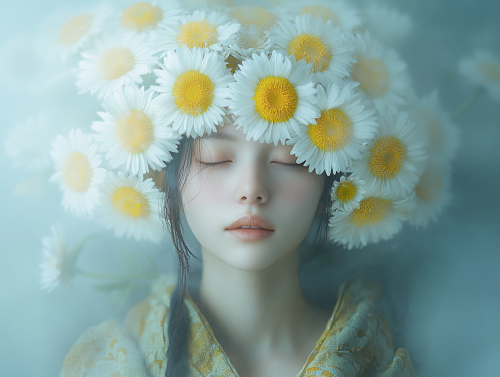 A portrait of a woman with floral patterns