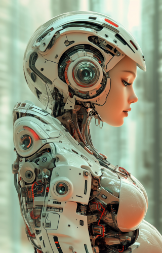 A pregnant robot with transparent belly showing fetus