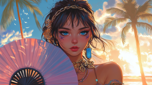 A pretty girl with blue eyes and fan in anime style. A pretty girl with blue eyes and fan in anime style.