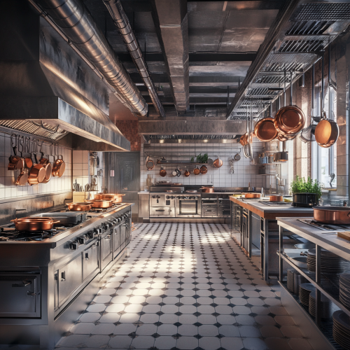 A professional hotel kitchen with stainless steel appliances