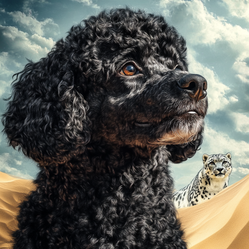 A professional photo of a poodle and a leopard.