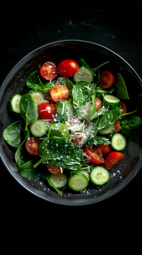 A professional salad bowl: tomatoes, cucumbers, spinach, parmesan