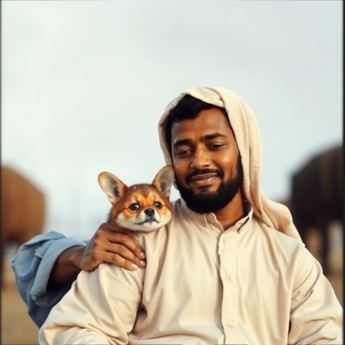 A rabbit and a girl playing together happily.