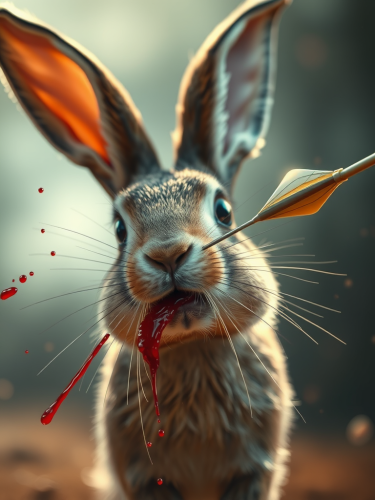 A rabbit is hit by arrow, blood spurts.