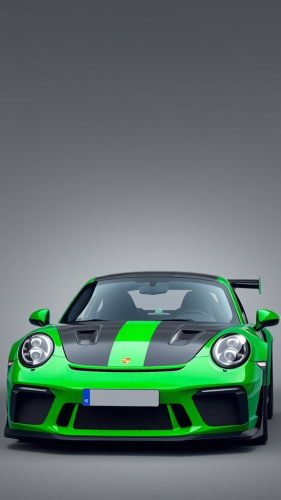 A race car driver next to a green Porche.