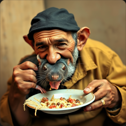 A rat is eating a man's food.