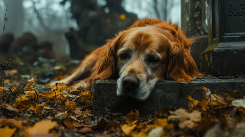 A realistic close-up image shows a sad dog
