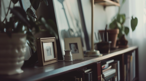 A realistic closeup of a photo frame on altar.