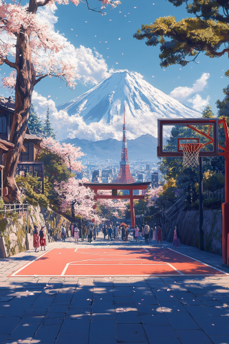 A realistic illustration of a Japanese basketball court scene.