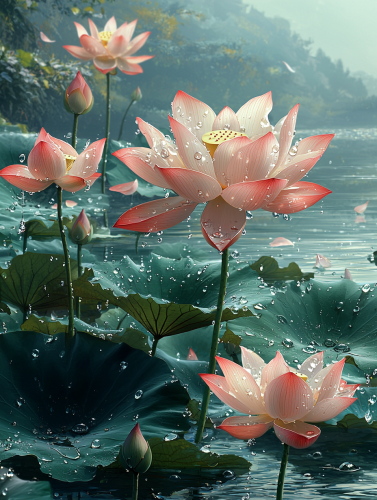 A realistic lotus flower on water with details
