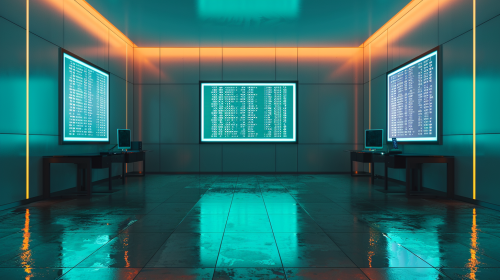 A realistic office with computer screens showing code