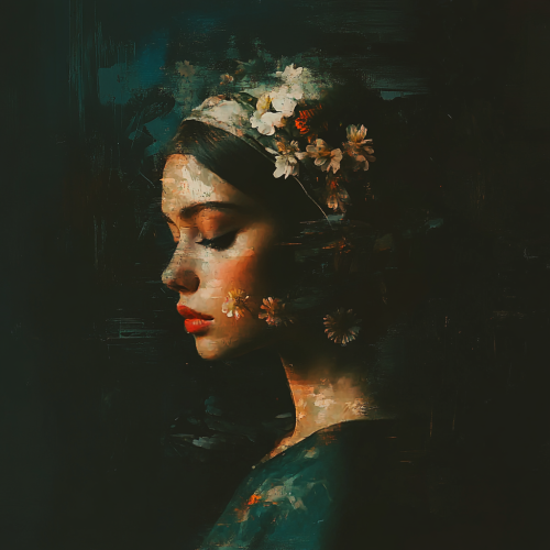 A realistic painting of a female with flowers