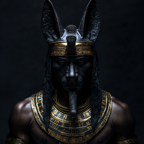 A realistic photo of Anubis with pharaoh helmet