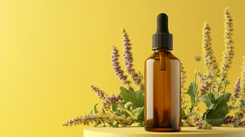 A realistic photo of a brown bottle surrounded by flowers