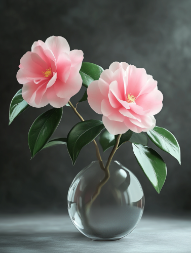 A realistic photo of a camelia flower vase