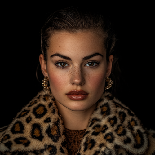 A realistic portrait of woman in leopard coat
