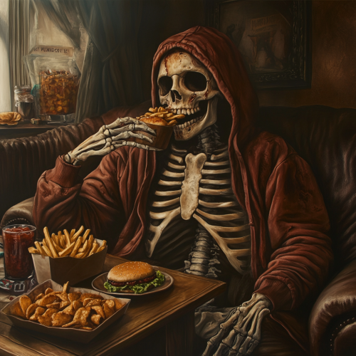 A realistic skeleton enjoys gluttonous feast at home