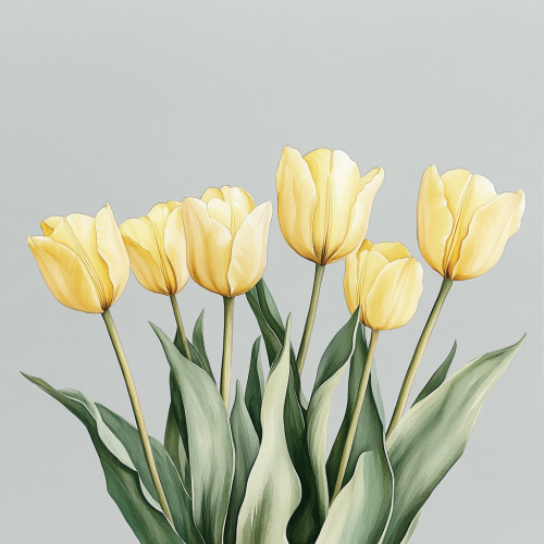 A realistic watercolor of yellow tulips in a row A realistic watercolor of yellow tulips in a row