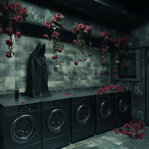 A reaper in laundry room with rose-filled machines