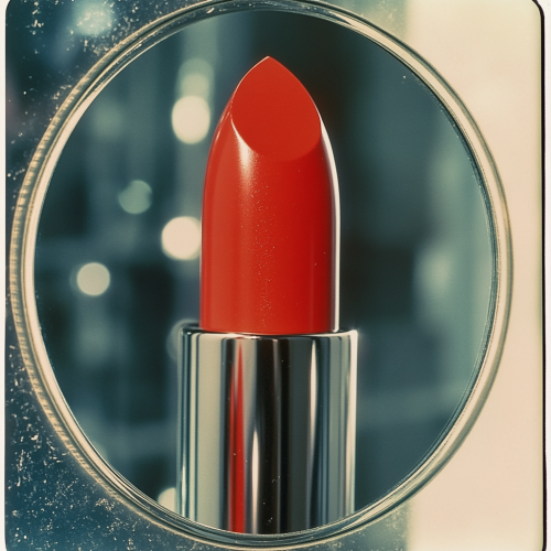A red lipstick close-up against vintage mirror