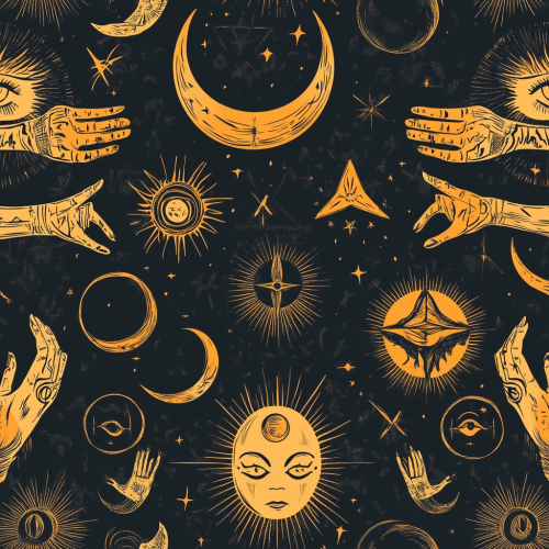 A repetitive pattern with mystical symbols like pentacles, eyes, moons, and skeletal hands