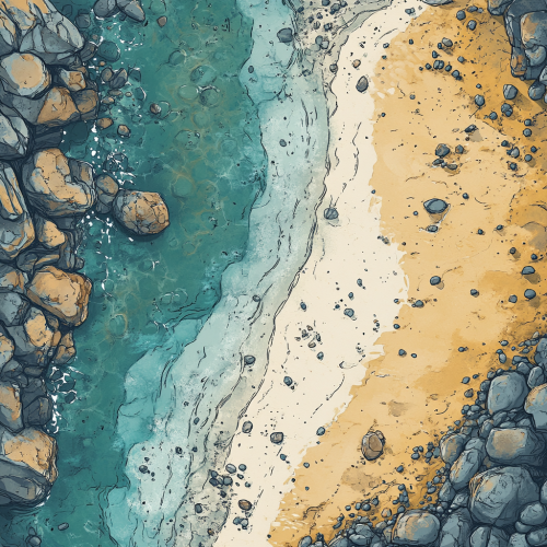 A river bank with rocks, sand and river