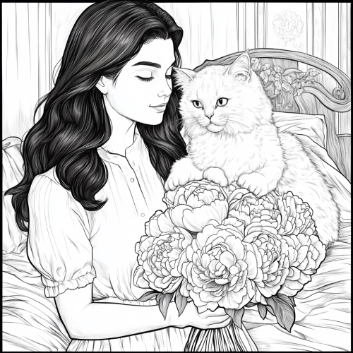 A romantic girl with fluffy cat and peonies, Coloring Page