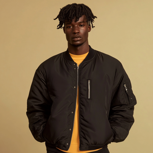 A roughneck model in black bomber jacket