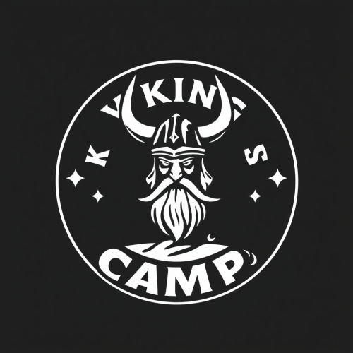 A round black and white Viking camp logo.
