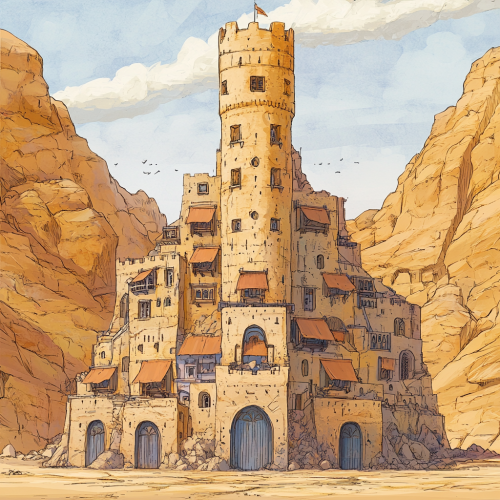 A sandstone building in desert with many windows and awnings.